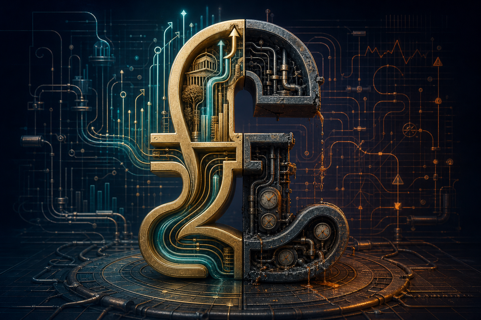 A pound sign split in two halves — one side glowing with upward flows, the other a corroded machine of pipes and pressure gauges